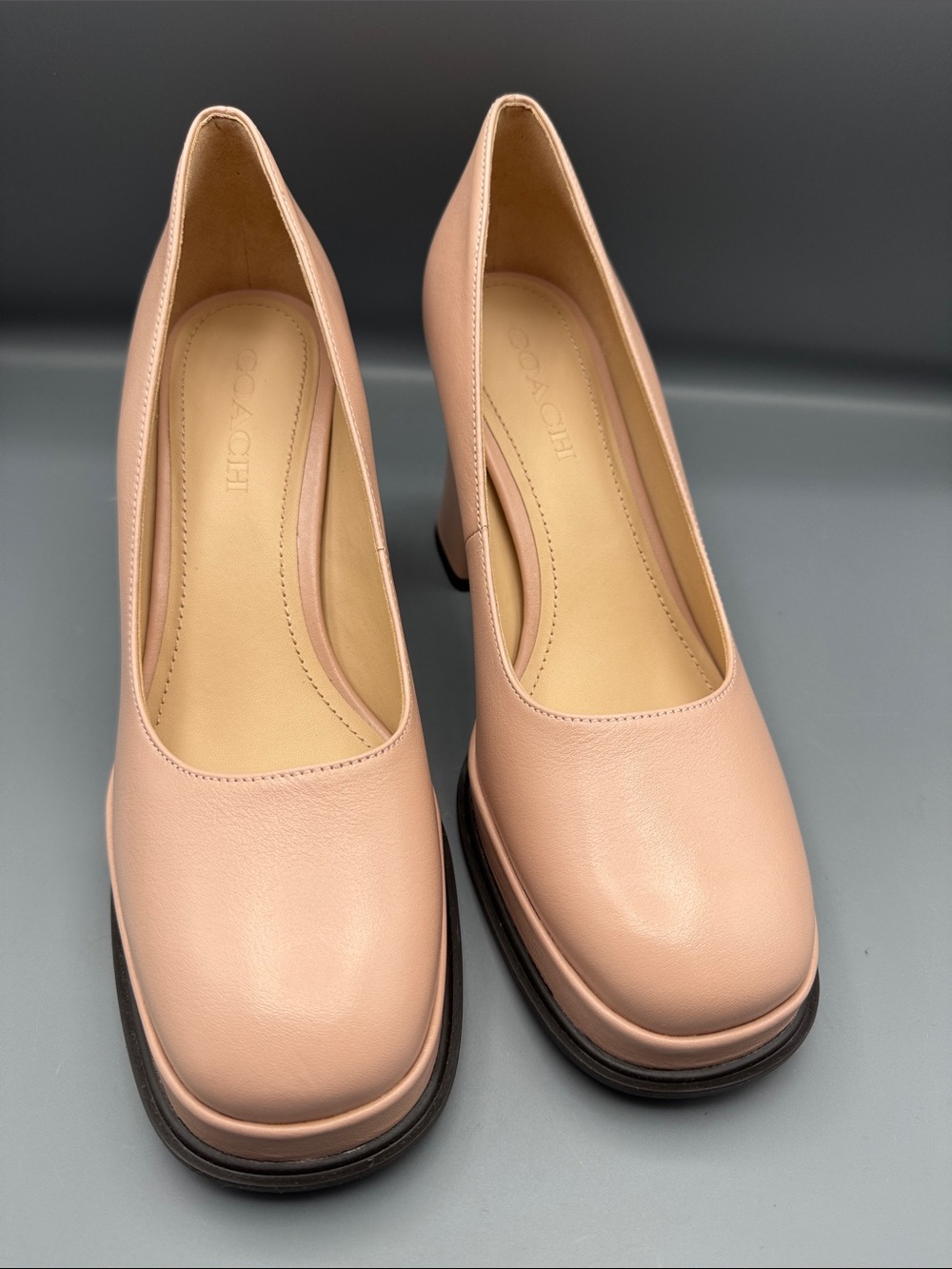 Coach Sculpted C Leather Platform Block Heel Pump Square ToePale Blush - Picture 1 of 5